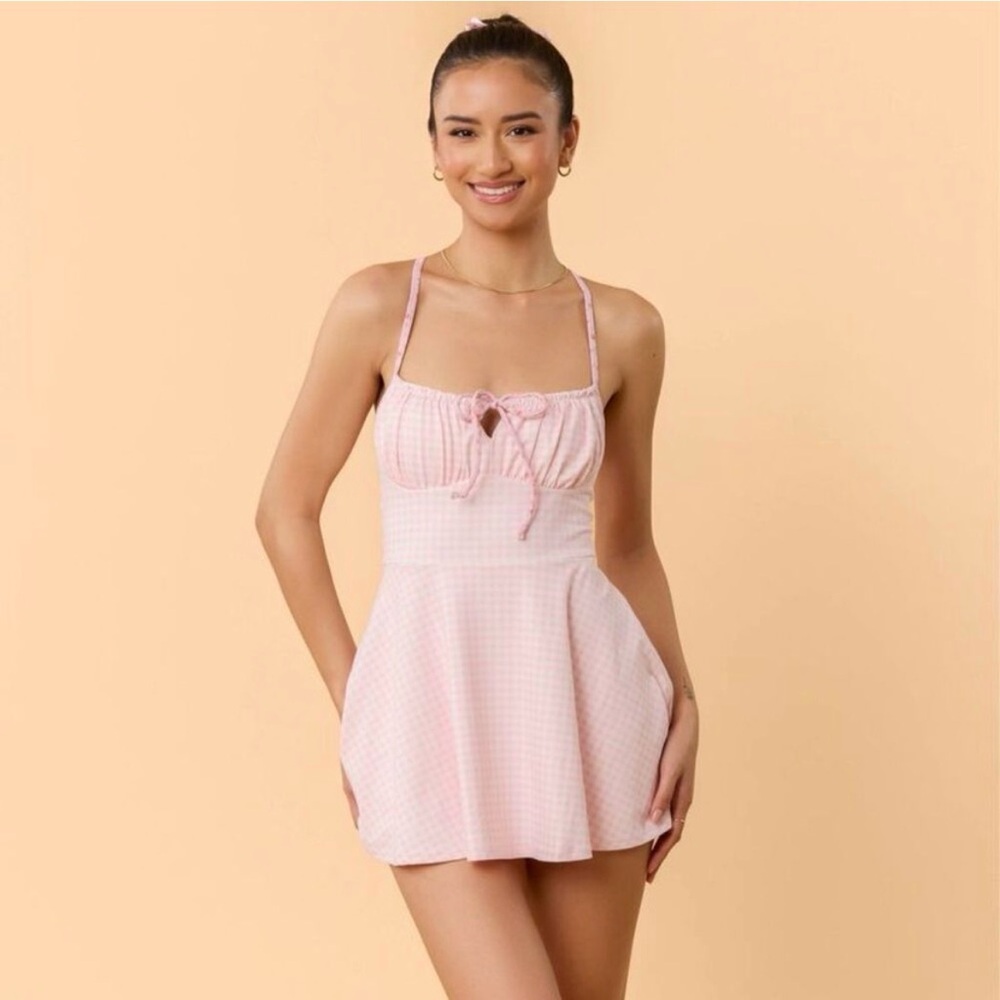 NWT! Popflex Target X Blogilates Tie Front Twirl Active Dress Pink/Gingham Med